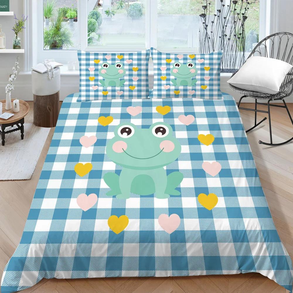 Cartoon Frog Duvet Cover Set King/Queen Size Reptile Animal Theme Bedding Set Cute Green Frog Polyester Comforter Cover for Kids
