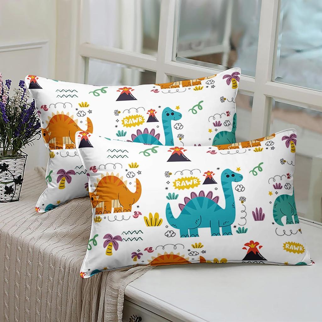Cute Dinosaur Bedding Set 2pcs Single Size Fitted Sheet with Pillowcase for Kids Boys Teens Cartoon Animal Design