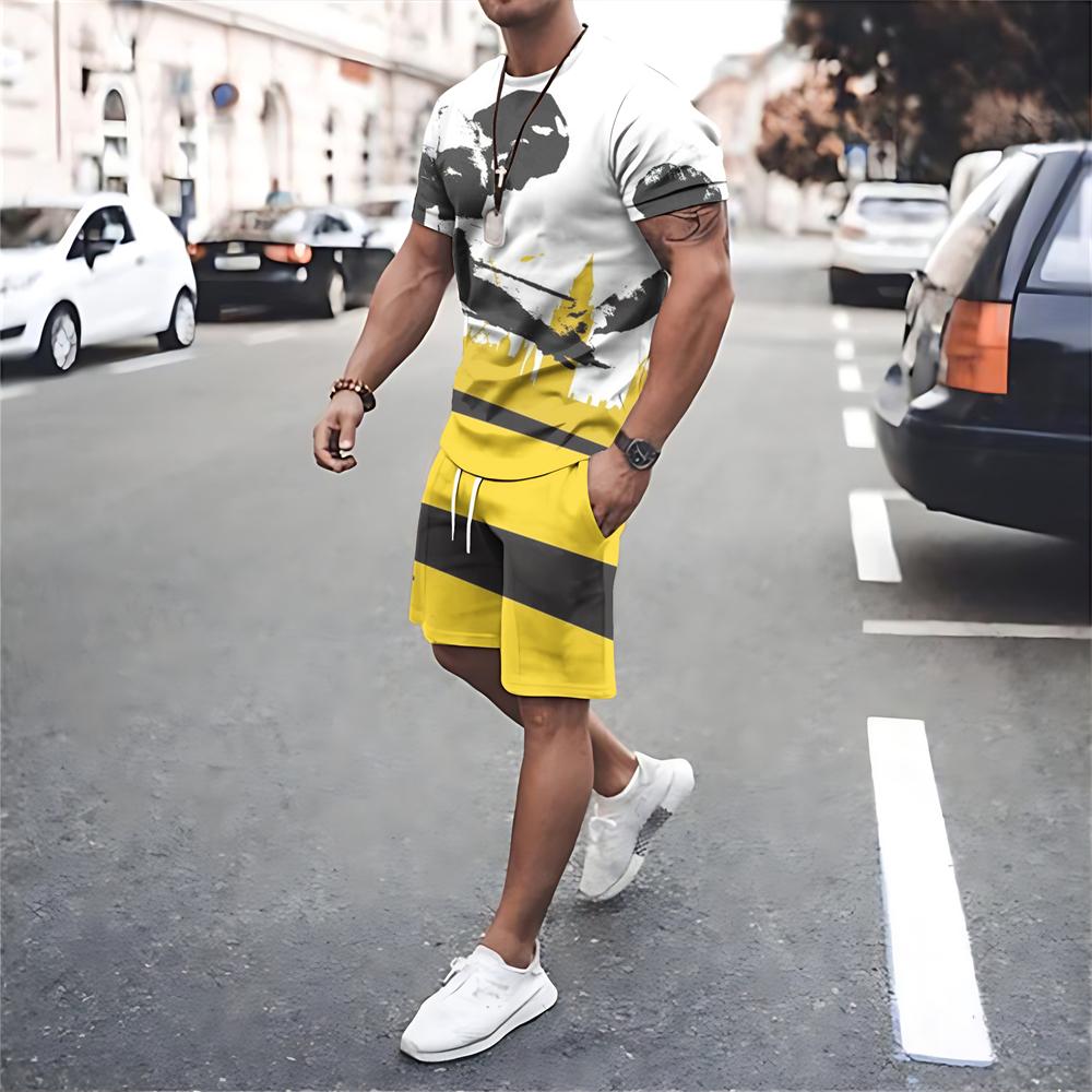 Men Summer Sets T Shirt Shorts 2 Piece Outfits Mesh Workout Tracksuits Oversized T-shirts Suits Print Sportswear Men's Clothing