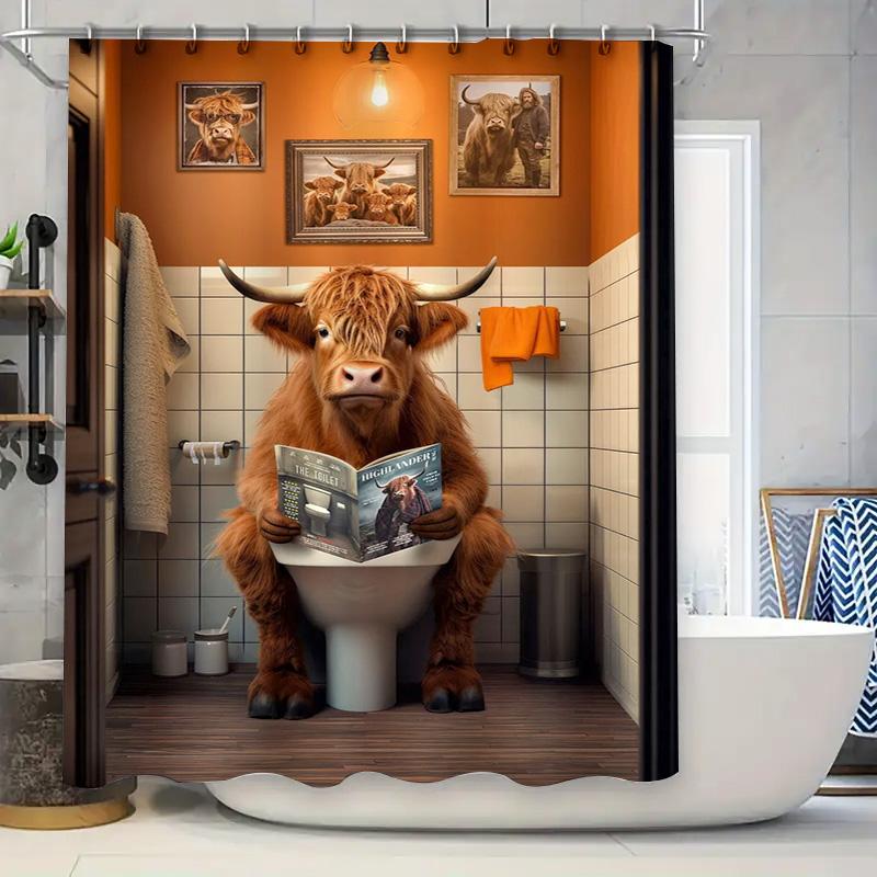 Whimsical Bathroom Shower Curtain Featuring A Humorous Highland Cow Reading Magazine In Quirky Bathroom Setting Orange Decor The