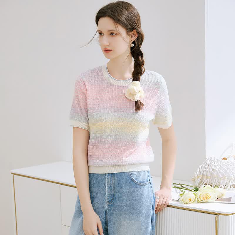 TUHUANG Women s Silk Blend Striped Knit T-Shirt XL
