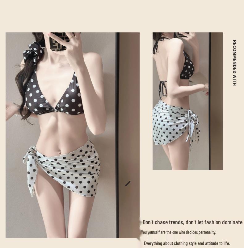 Women's Polka Dot Colorblock Three-Piece Push-Up Bikini Set - Tummy Concealing Swimwear for Slimming Effect at Hot Spring Resorts