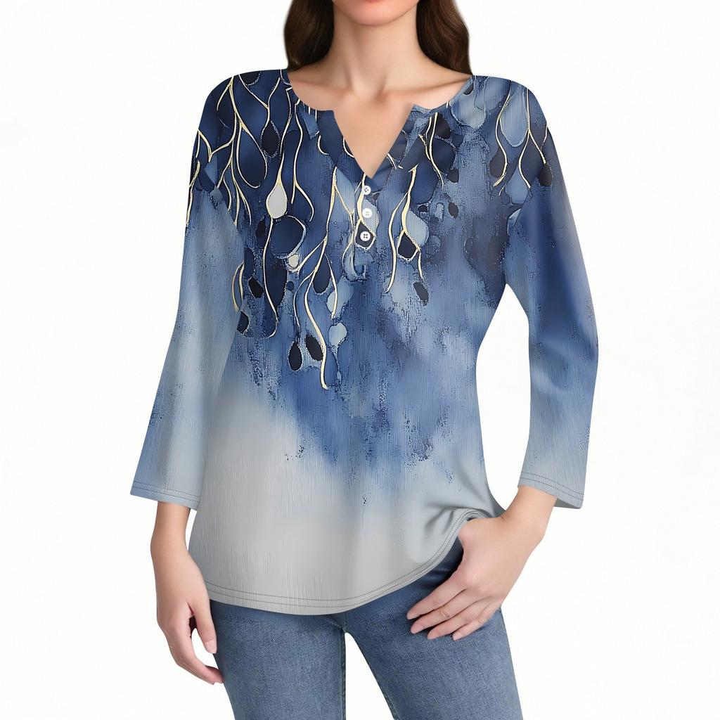 Women's T Shirt Print Button 3/4 Sleeve Daily Weekend Fashion Basic V- Neck Regular Top