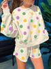 Women's Polka Dot Ribbed Pantsuit - Long Sleeve Top & Three-Quarter Pants Two-Piece Set