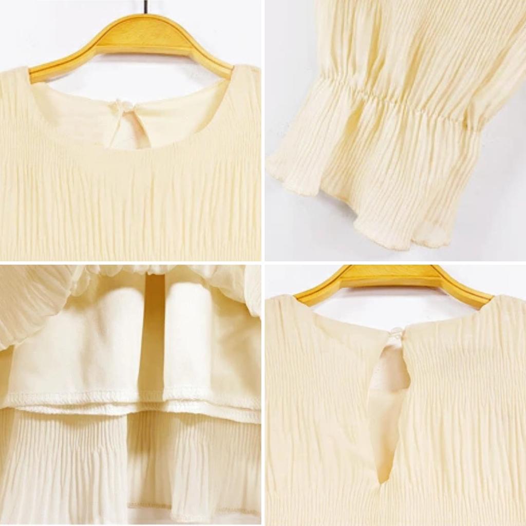 Gathered Long Round Flared Volume Ages One Piece Black [JINJUDUO] Blouse, Top, Pullover, Sleeves, Neck, Shirring, Sheer, Frill, Sleeves, Sleeves,