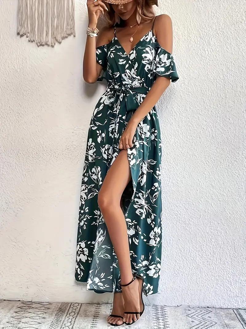 2026 European and American new women s clothing sexy suspender irregular dress long suspender floral beach dress S