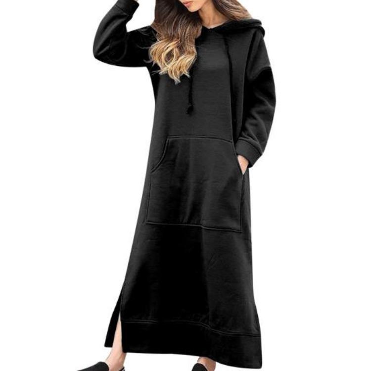 Women Sweatshirt Dress Hooded Solid Color Long Sleeve Front Drawstring Autumn Winter