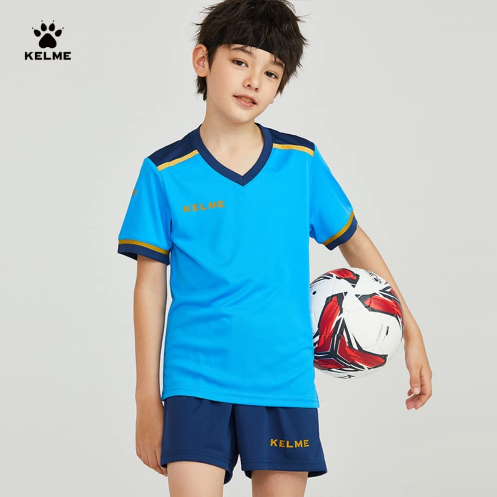 Kelme Junior Soccer Wear, Kids Training Set, Top and Bottoms, Short Sleeves, Quick-Drying and Breathable, Blue, Size 120