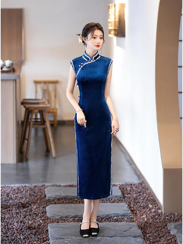 2025 Linxiangman Velvet Cheongsam: Retro Shanghai-Inspired Sleeveless Long Dress