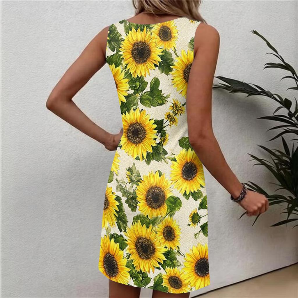 Robe d'été décontractée à fleurs pour femme, col rond, sans manches