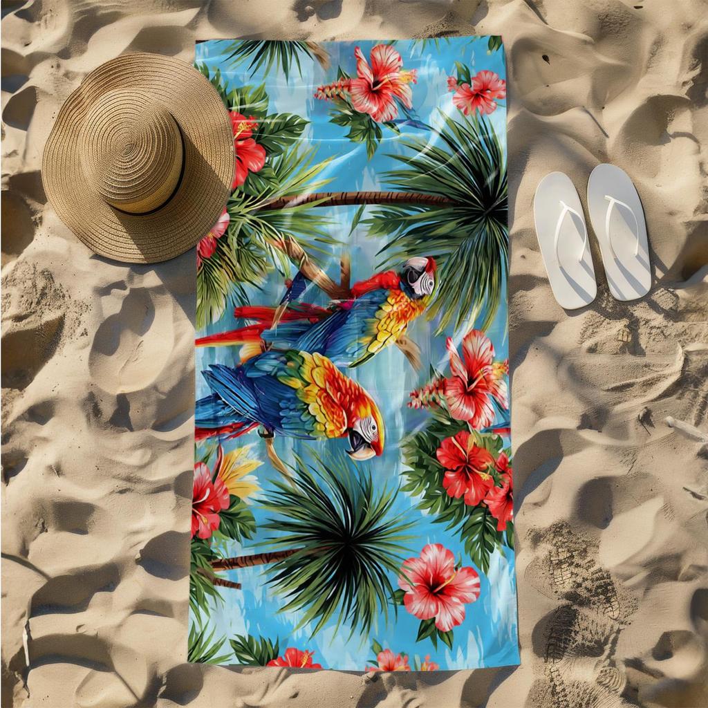 1pc Exotic Tropical Paradise with Colorful Macaws and Hibiscus Flowers 2D Printed Microfiber Beach Towel, quick dry super