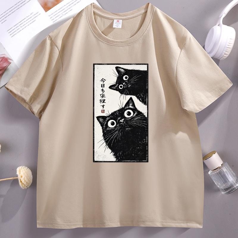 Japanese Cat Graphic TShirts Vintage Tokyo Aesthetic Black Cat Tee Kawaii Streetwear Casual Cotton Short Sleeve Round