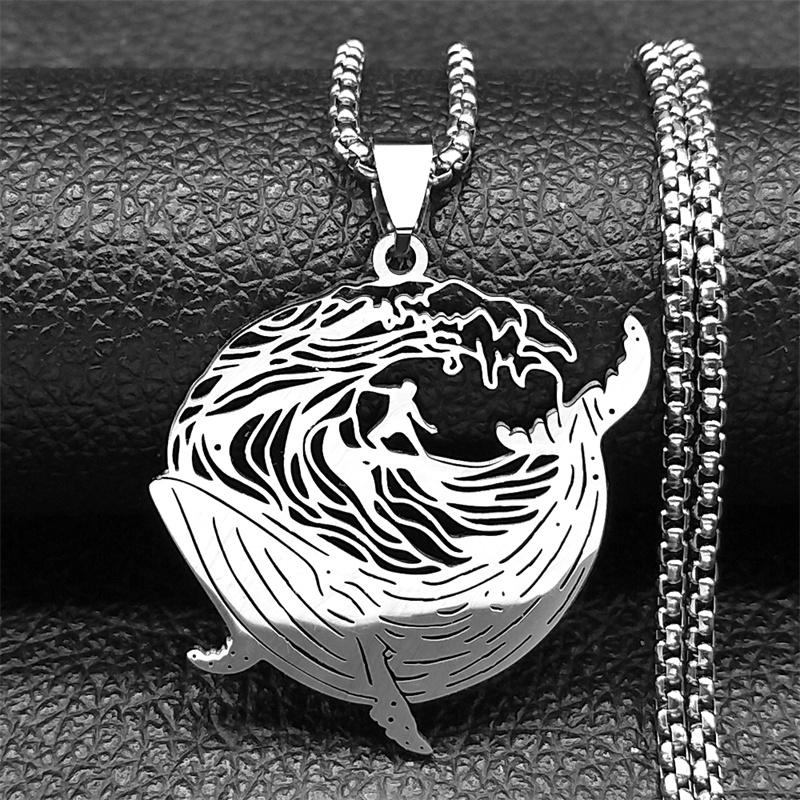Whale Surf Riding Necklace For Women Men Stainless Steel Gold Color Sports Brave Faith Male Chain Jewelry Gifts Colares