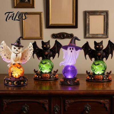Gotycka Dekoracja Domu Halloweenowa Podświetlana SztUCZNA Kula Kryształowa Dekoracja, Wrona/Duch/Nietoperz/Sowa na W Stylu Vintage Dynia Nietoperz Rzeźby Lampa ze Światłem LED