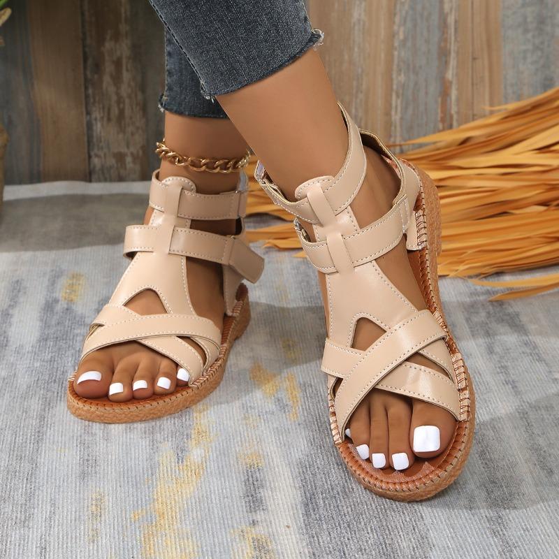 Summer new sandals women's large size sandals Velcro cross strap flat sandals women