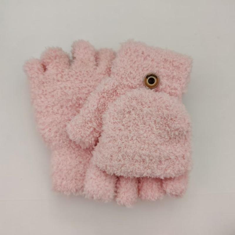 Solid Color Student Child Half Finger Thickened Writing Cycling Typing Cold-resistant Flip Gloves Coral Fleece Women Cold-proof and Warm