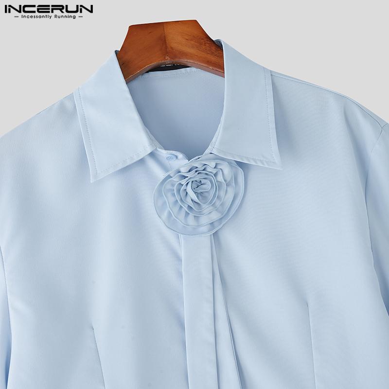 INCERUN Men Cropped Shirts Casual Loose Flower Tie Neck Short Tops
