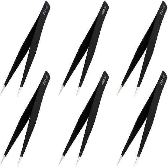 Aoje-Link ESD-13 Professional Anti-Static Technology Tweezers, Non-magnetic Flat and Round, Stainless Steel Plastic Coated, Full Length 120mm, Black,
