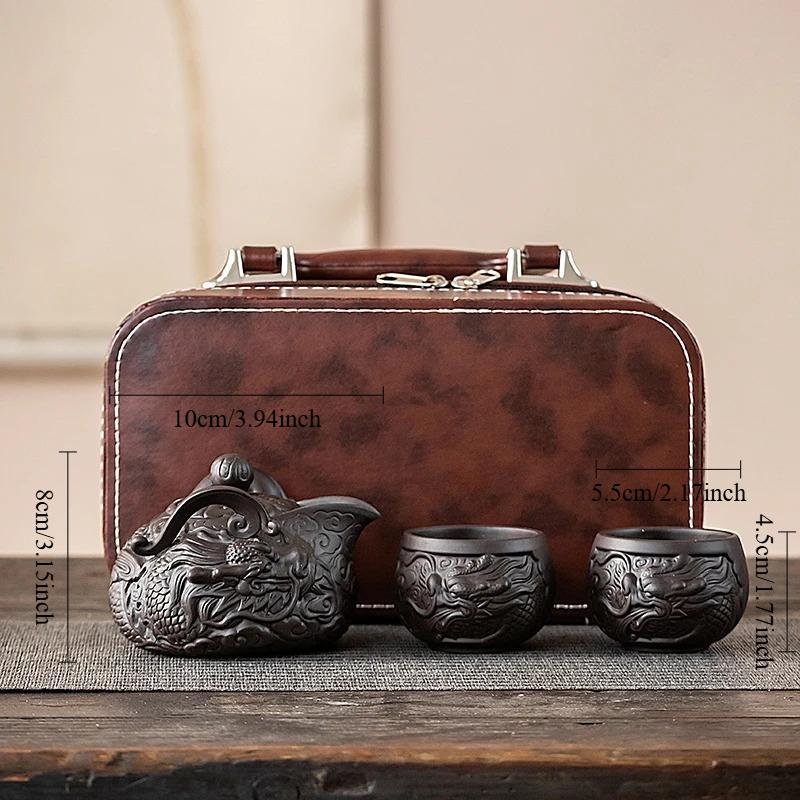 Purple Clay Double Dragon Play Pearl Travel Tea Set 1 Pot 2 Cups Portable Outdoor Tea Brewing Set Teapot Chinese Tea Cup
