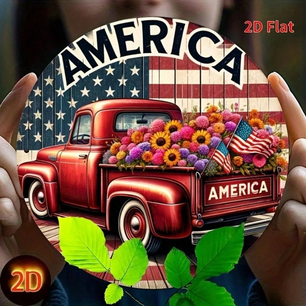 1pc Patriotic Red Truck Metal Sign with Floral Wreath, Round Wall Decor for Home Patio Garage Bar