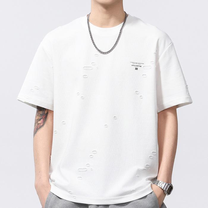 

230 г Специальная инновационная текстура Открытая рваная Свободная футболка с круглым вырезом и короткими рукавами для мужчин 4XL белый