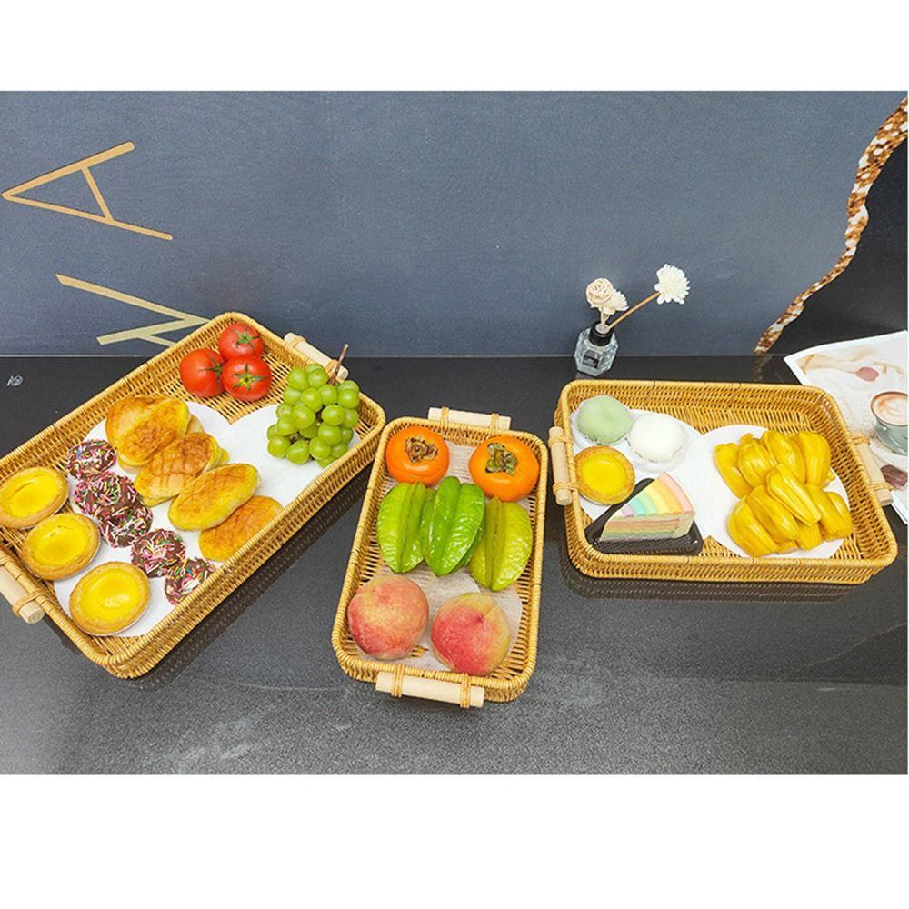 Plastic Rattan Threads Food Serving Tray Wooden Handle Desktop Organizer  Office