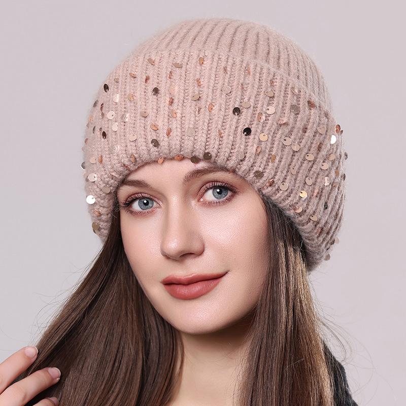 Pletená čepice z králičí kožešiny se sekviny Zimní teplá vlněná čepice Módní dámská čepice přes hlavu s ochranou uší