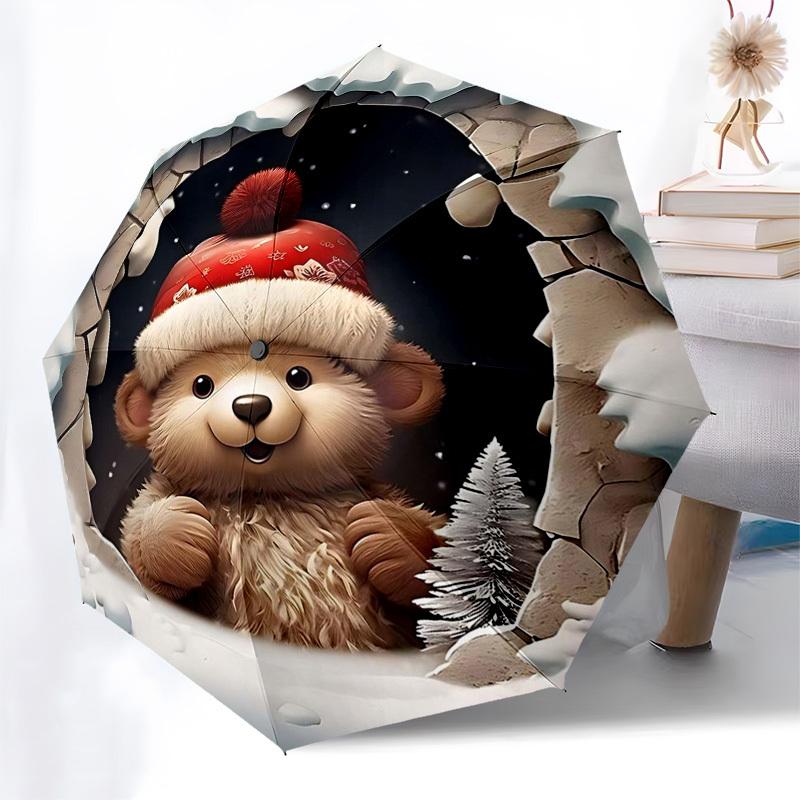 

1pc Christmas Wreath with Santa Claus and Reindeer, Automatic Opening Umbrella, Portable 3-Fold Design, 8-Bone Iron Frame, Outdoor Umbrella, Festive G
