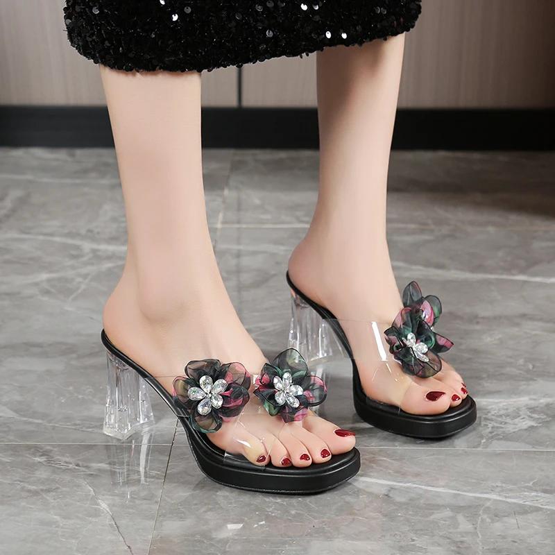 

Летние Новые Женские Сандалии и Шлепанцы на высоком толстом каблуке, Женские Шлепанцы с открытым носком на высоком каблуке 34 чёрный