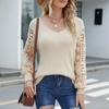 Pulover tricotat pentru femei, cu decolteu în V, cu mânecă lungă, cu îmbinare din dantelă, pulover