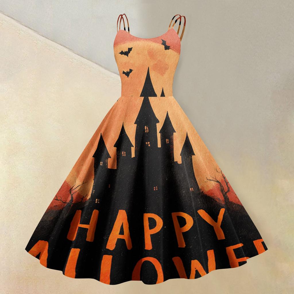 Women's Sleeveless Casual Dress Halloween Print Round Neck Vintage Style Swing Dress with Adjustable Straps for Everyday Wear