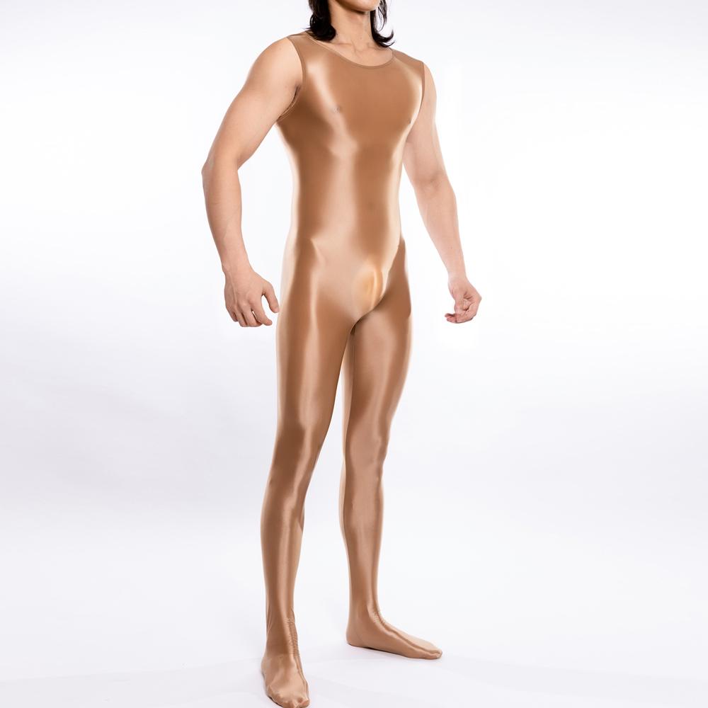 Sexy Men Candy Color Oil Glossy Shiny Shapping Bodysuit Smooth Sheer See Through Tights Elastic Fitness Leotard Sleeveless