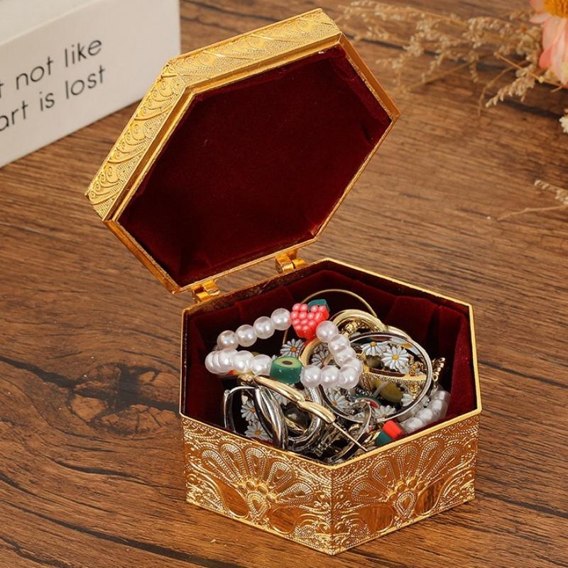 Hexagon Shapec Mini Jewelry Storage Box Earrings Organizer European Style Gold Alloy Ring Necklace Storage Jar Dresser Display