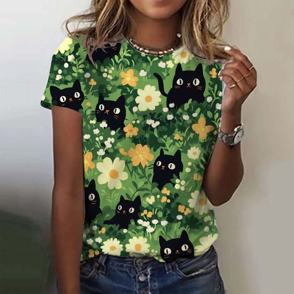 Women Cute Cat Flower Graphic Print Casual Short Sleeve Summer Street Fashion Tops Outdoor