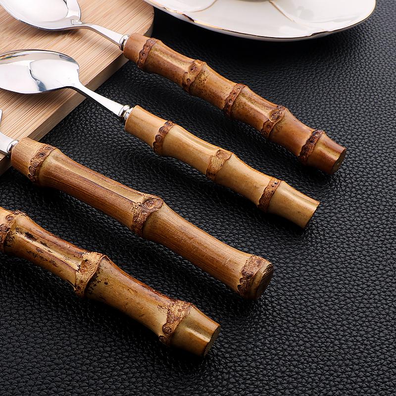 24Pcs Tableware Sets Bamboo Handle Stainless Steel Cutlery Set Creative Dinnerware Knife Fork Spoon Mirror Flatware