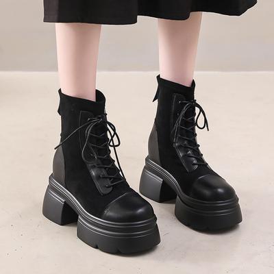 Neue Winterstiefel mit dickem Absatz aus Baumwolle für Damen, runde Spitze, Wildleder-Einsätze, Riemen vorne, dicke Sohle, rutschfest, kurze Stiefel