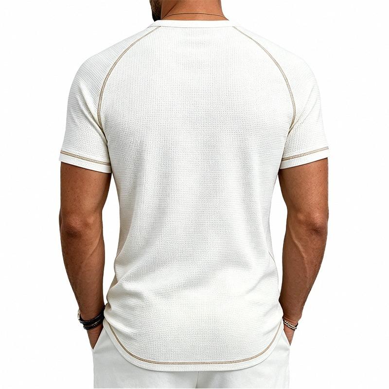 Mens Waffle Henley Collar Raglan Short Sleeve Color Block Casual T Shirt