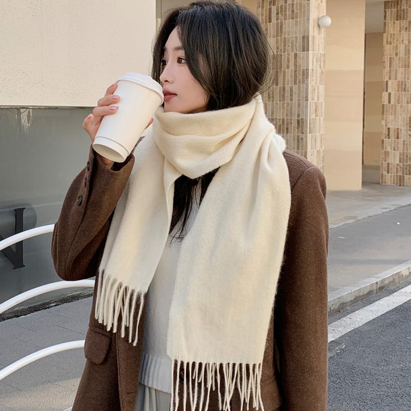 White Pure Scarf Women's Winter Korean Versatile High-end Sense Thickened Couple Scarf Dual-purpose High-end Gift