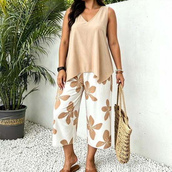 Damskie Zestawy 2-częściowe Plus Size Bez rękawów Dekolt V Top na ramiączkach i Spodnie Cropped w kwiaty Zestaw Letnie Stroje do wypoczynku