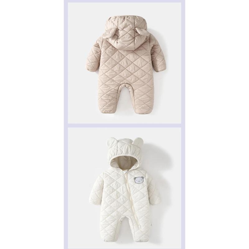 Winter Baby Bodysuit Solid Bear Ear Hooded Thickened Warm Newborn Jumpsuit Soft Toddler One-Piece Outfit