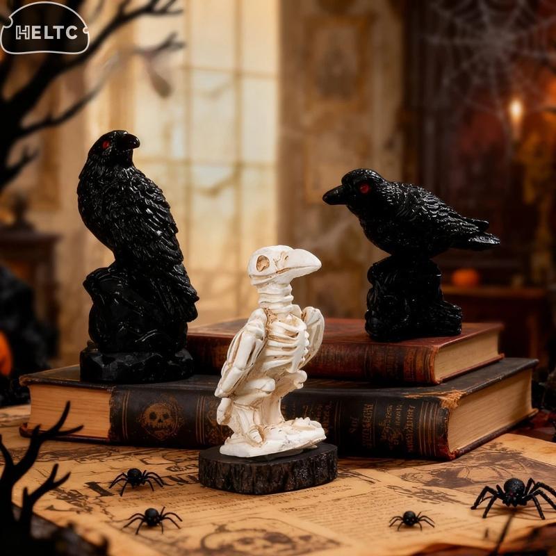 3pcs Skull Crow Miniature Model Halloween Resin Statue Dollhouse Home/Garden Scene Ornament Photography Prop Horror Atmosphere