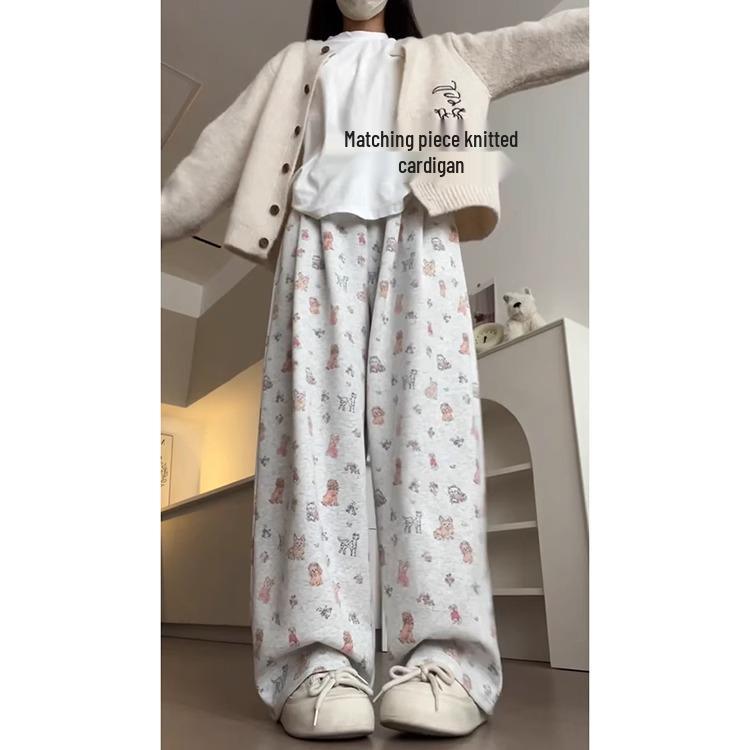Women's Korean Style Cartoon Puppy Print Straight-Leg Pants - Cute, Versatile Casual Wear for Spring & Autumn 2025