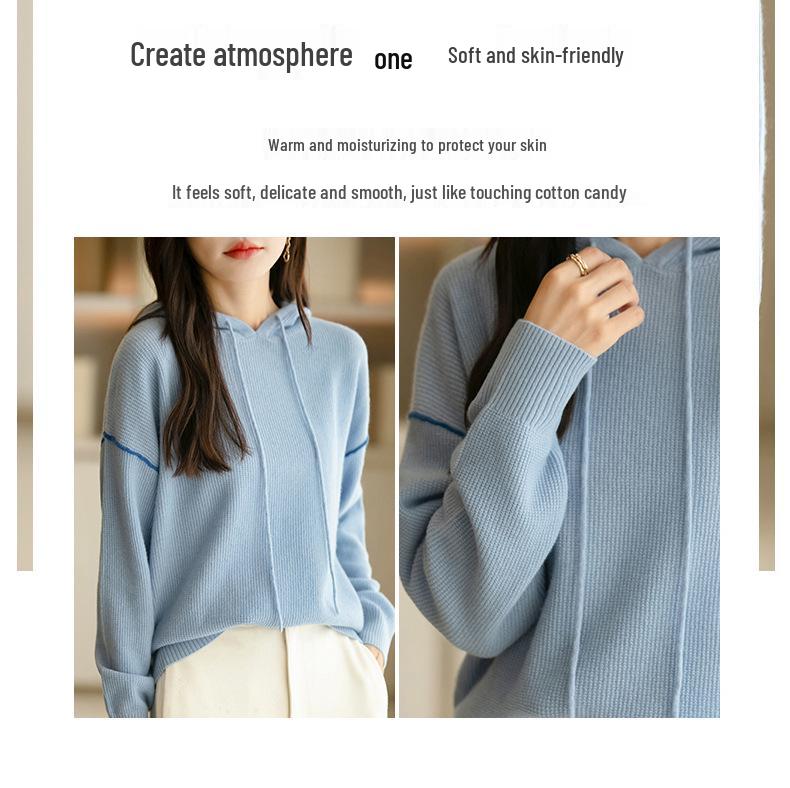 Women's Casual Hooded Cashmere Wool Knit Sweater - Pure Loose Fit Fashion for Spring, Autumn, and Winter