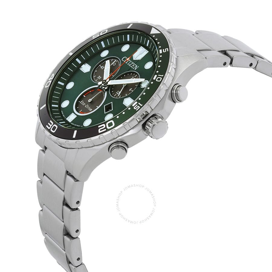 Citizen Eco-Drive Solar Chronograph Watch AT2561-81X Stainless Steel Link Strap Silver Green Men's