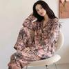 Women's Retro Ink Painting Ice Silk Pajamas Set - Long-Sleeve Top & Long Pants, Spring/Autumn Luxury Home Wear.