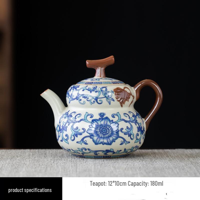 Ru Kiln Crackle Ceramic Gourd Teapot Set with Two Cups, Gift Box, Retro Style