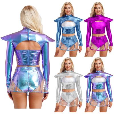 Kadın Cadılar Bayramı Uzaylı Kostümü Oyuklu Crop Top Şeffaf Etek Uzay Kulüp Kıyafeti
