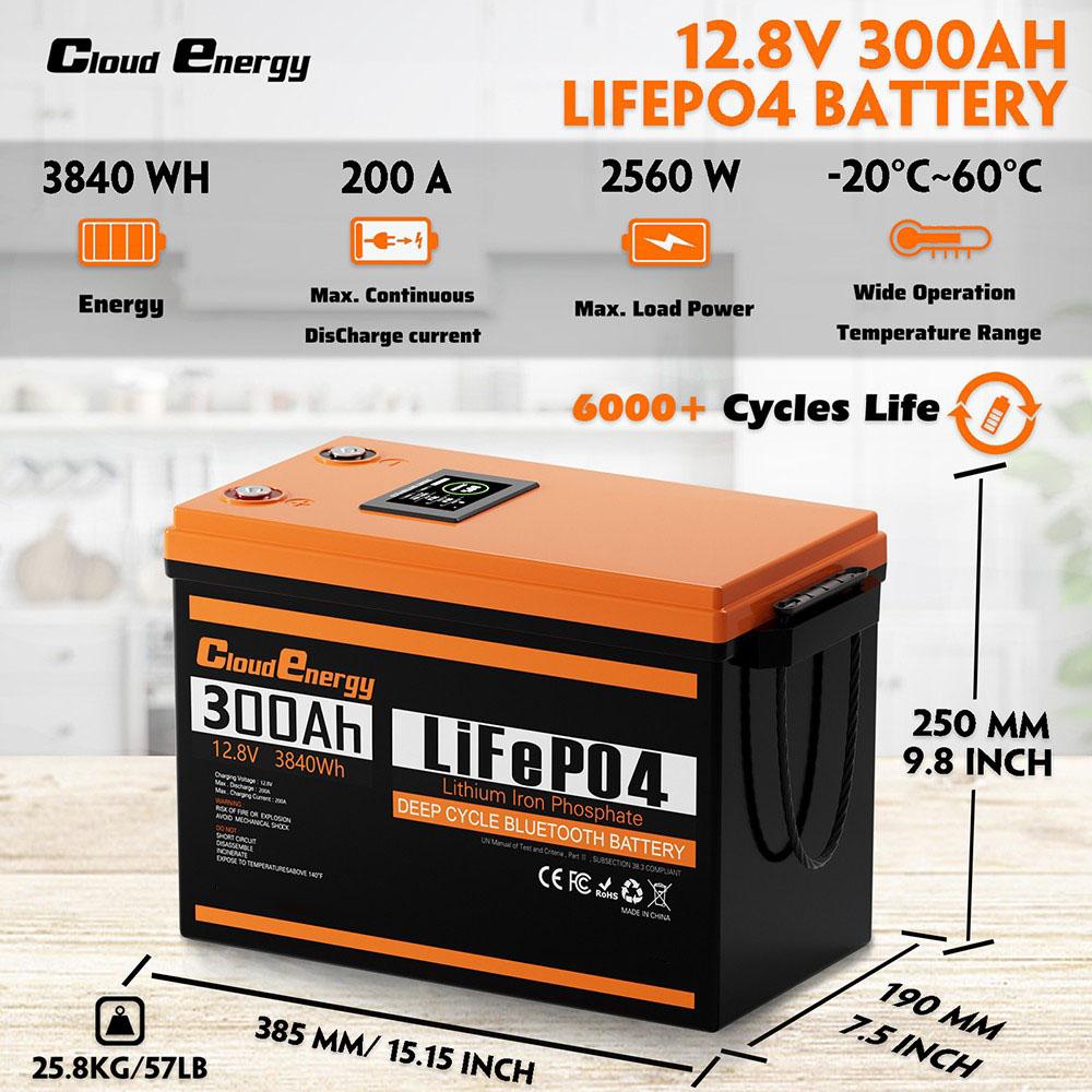 Cloudenergy 12V 300Ah LiFePO4 Battery Pack Backup Power, 3840Wh Energy, 6000+ Cycles, Built-in 200A BMS