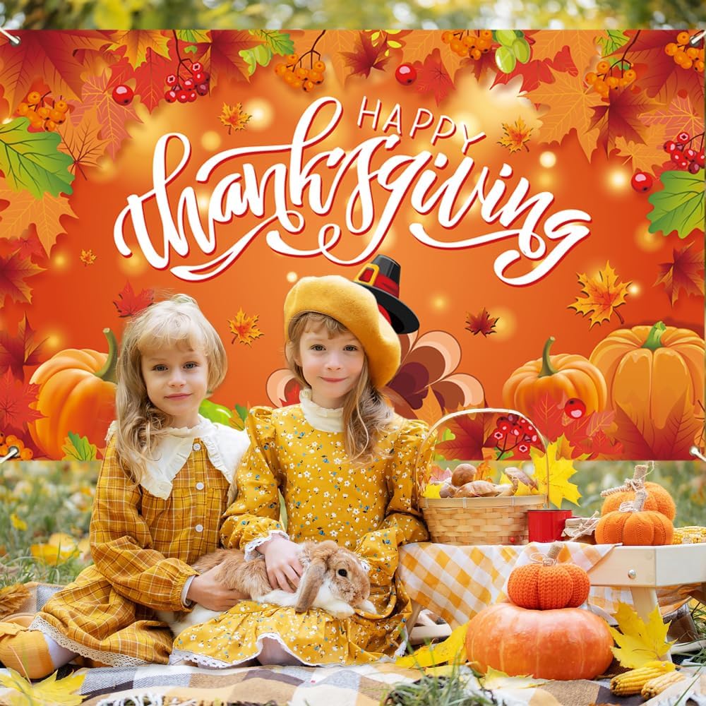 Thanksgiving Backdrop, Large Happy Thanksgiving Banner 72x44 Inch Turkey Maple Leaf Pumpkin Decorations Gifts for Indoor Home Photography Party