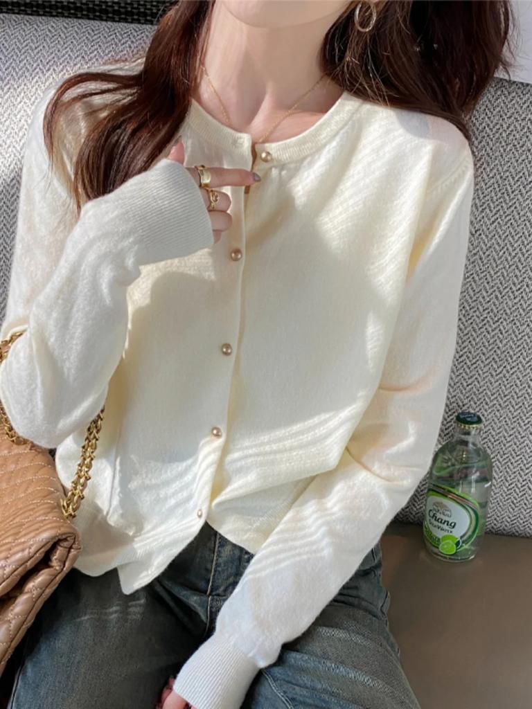 2026 Solid Knitted for Women Cardigan Korean Single Breasted Long Sleeve Jumper Woman Round Neck All Match Cardigans Outwear